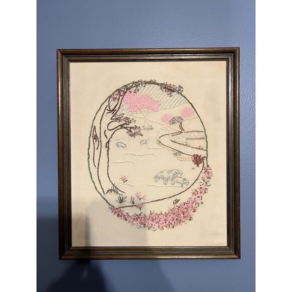 Completed Candlewicking Kit Spring 1983 Framed 12" X 14", Whimsical Art, 80s - Picture 2 of 8